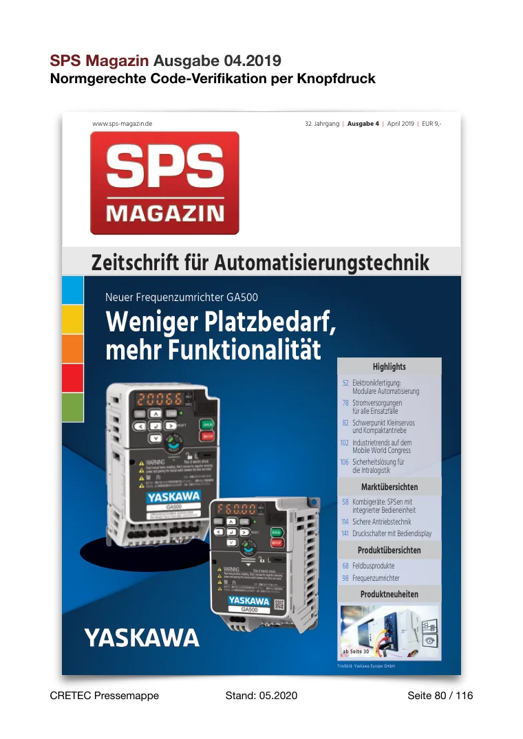 Erste PDF-Seite: SPS Magazin - Autarke normgerechte Code Verifikation mit Autofokus per Knopfdruck