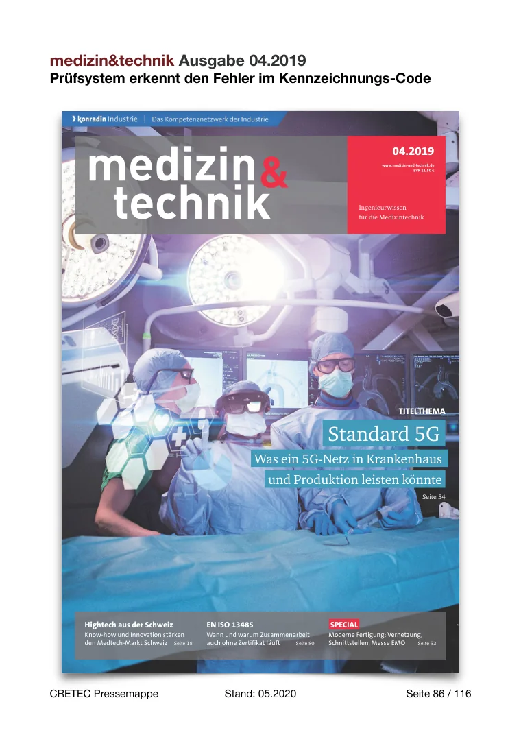 Erste PDF-Seite: Medizin & Technik - Prüfsystem erkennt den Fehler im Kennzeichnungs-Code