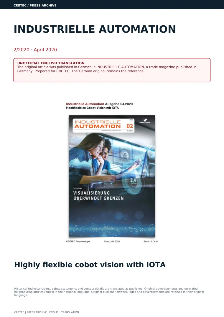 الصفحة الأولى PDF: AUTOMATION الصناعية - رؤية كوبوت مرنة للغاية مع IOTA