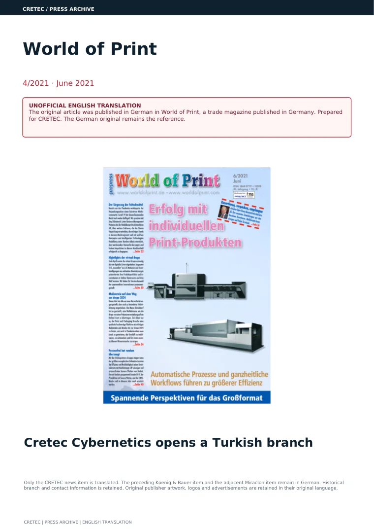 الصفحة الأولى PDF: world of print - Cretec Cybernetics يفتح المقر التركي