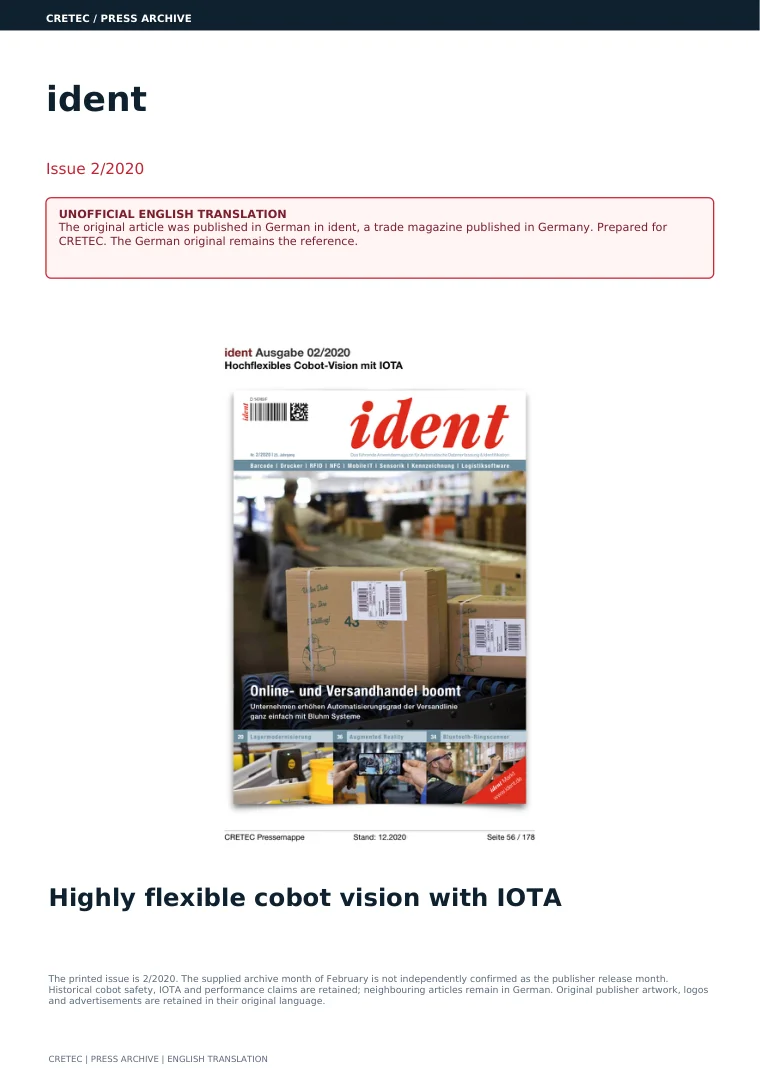 الصفحة الأولى PDF: Ident - رؤية كوبوت مرنة للغاية مع IOTA